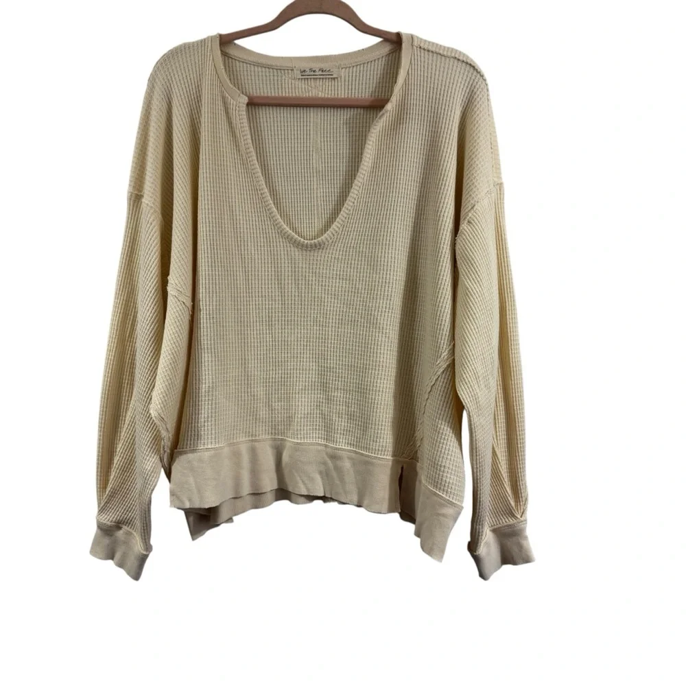 Free People We The Free Buttercup Thermal Top Oversized Small Ecru Waffle Knit - Picture 2 of 12